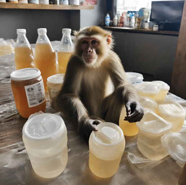 This combines the three addictions mentioned in this article: kombucha, plastic, and a monkey (Generated with Canva’s AI).